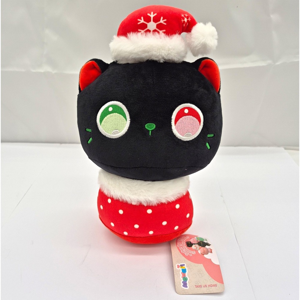 MENWAI Black Cat Plush Stuffed Animal Christmas Santa Hat Polka Dot